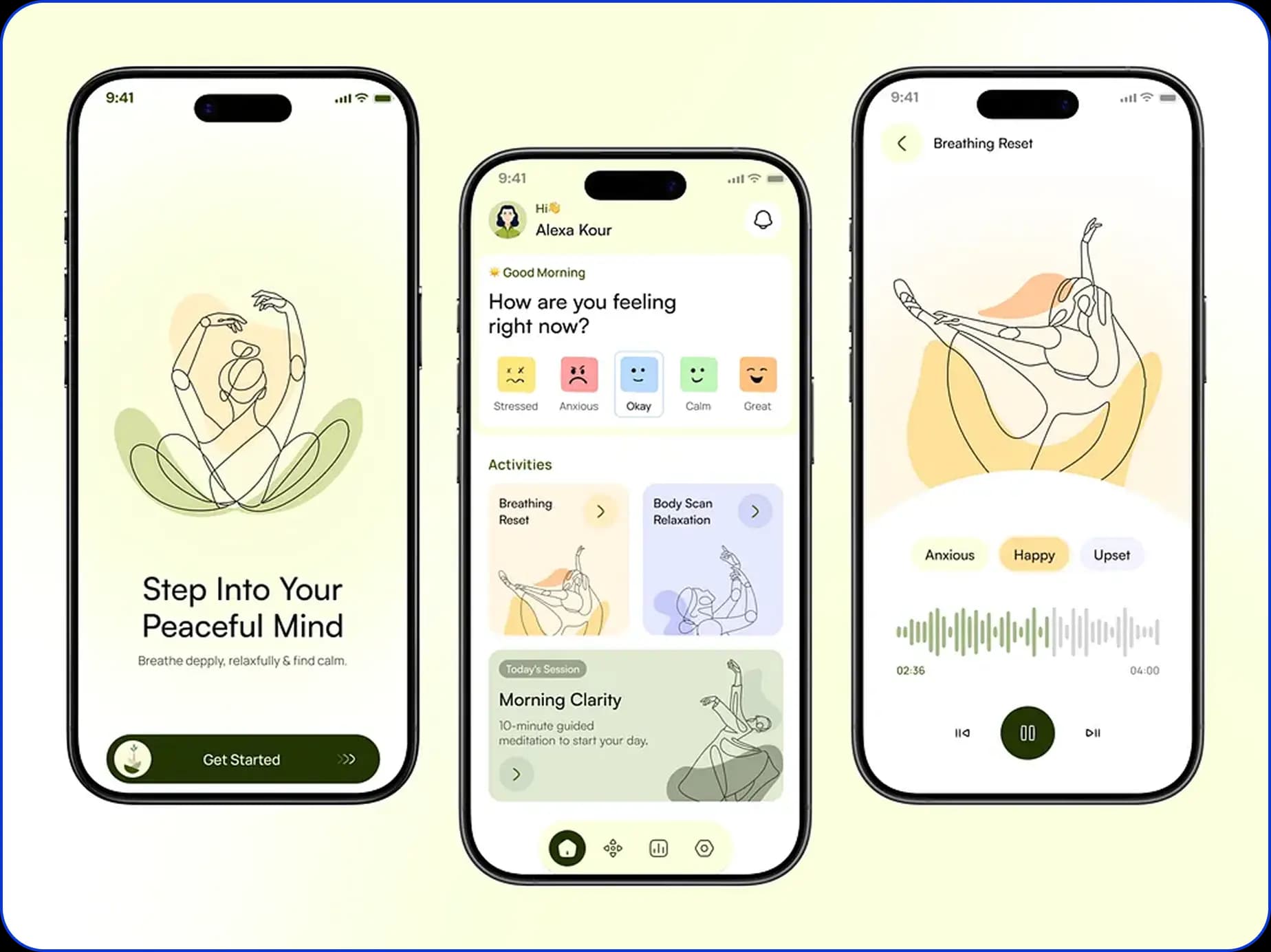 Mental wellness mobile app interface preview